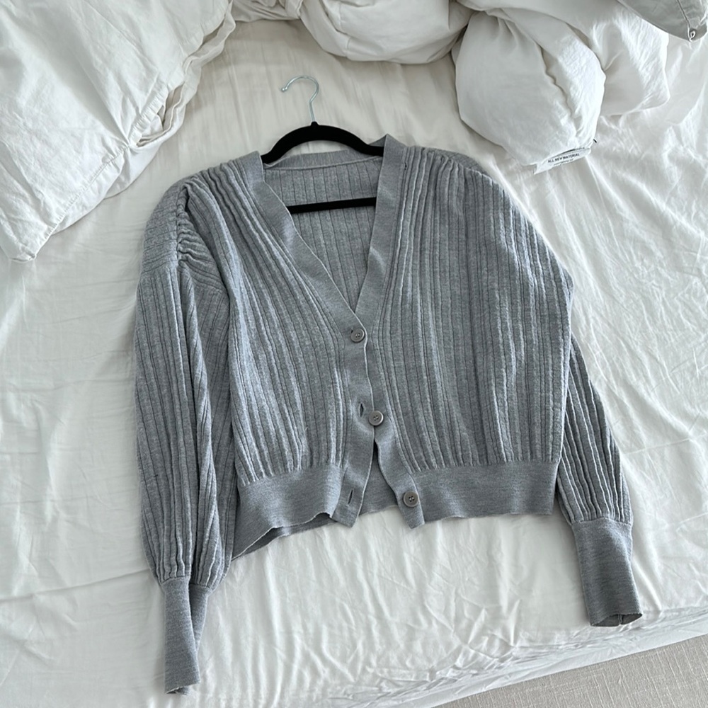 Aritzia Gray Ribbed V-Neck Button Cardigan